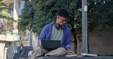 Fototapete - Outdoor, student and man with books, pc and research for assignment, college and project. Person, campus and guy with laptop, proposal or university with website info, exam preparation or scholarship