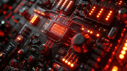 Poster - Abstract red digital circuit board with glowing lights. Digital artwork of black electrical circle with vibrant red color. Technology innovation and electronics concept. Motherboard design. AIG53.