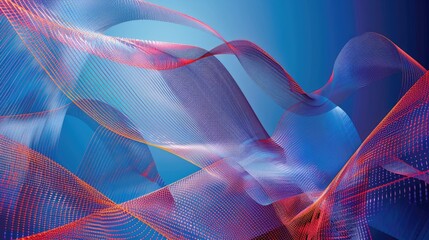 Poster - Abstract red and blue intersecting lines on a dark background. Digital artwork for design and print. Geometric and chaotic concept. Image of red and blue glowing line with dark background. AIG51.