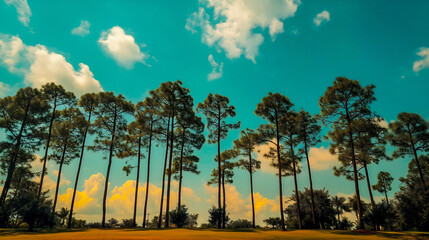 Poster - Scenic view of tall pine trees against a beautiful blue sky with fluffy clouds during daytime : Generative AI
