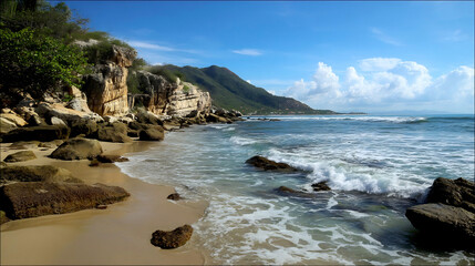 Poster - Tranquil beach scene with rocky landscape and clear blue sky on a sunny day by the shore : Generative AI