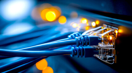 Aufkleber - Close up of Ethernet cables connected to a network switch with glowing lights in a data center : Generative AI