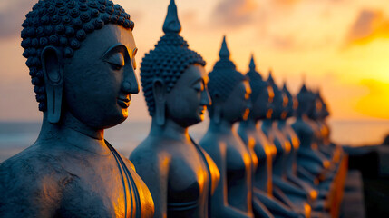 Aufkleber - Row of serene Buddha statues illuminated by sunlight highlighting tranquility and spiritual ambiance at sunset : Generative AI