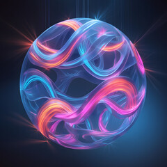 Poster - A luminous spherical mesh structure with glowing-colored patterns on dark gradient background, showcasing modern abstract and futuristic design elements with vibrant and dynamic lighting effects