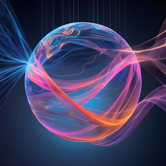 Poster - A luminous spherical mesh structure with glowing-colored patterns on dark gradient background, showcasing modern abstract and futuristic design elements with vibrant and dynamic lighting effects