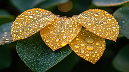 Wall Mural - Dew-covered golden & green leaves sparkle in morning light