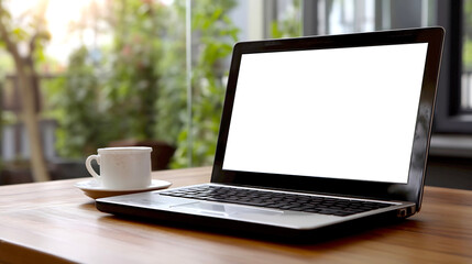 Poster - Modern laptop on wooden table with a cup of coffee in a sunlit window environment : Generative AI