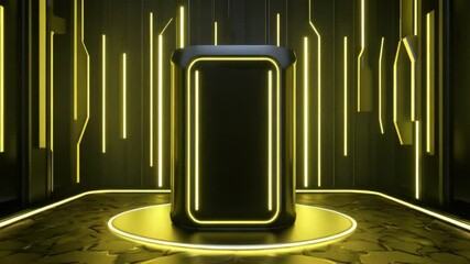 Poster - Futuristic Digital Pod with Neon Lights in a Dark Tech Environment, Perfect for Science Fiction Themes and Visual Creations