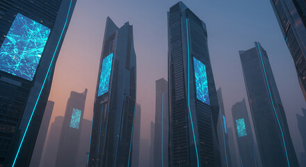Poster - Futuristic Skyscrapers with glowing blue digital displays, cyberpunk city view perfect for technology concepts, digital themes, sci-fi projects