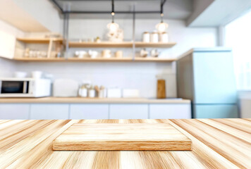 Poster - Modern kitchen interior with wooden countertop displaying minimalist design and bright natural light ambiance : Generative AI