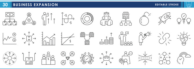 Fototapete - A set of line icons related to Business Expansion. Expand, growth, mobilize, innovation, informative, bulb, leadership, connections, and so on. Vector editable stroke.
