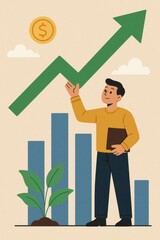 Poster - Growth Illustration with Man, Bar Graph, and Plant for Stock Concepts