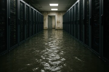 Poster - Flooded Data Center with Water in Server Room and Damaged Equipment