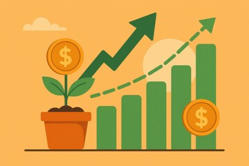 Poster - Simple Growth Chart Illustration with Plant and Coins on Orange Background