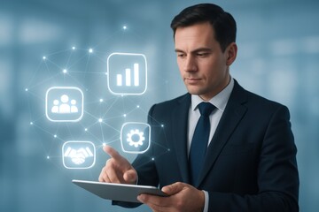 Aufkleber - Digital touch of a professional: A sharp dressed man navigates digital icons symbolizing growth and strategy on a tablet, with an elegant city backdrop, envisioning future business development.