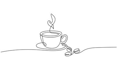 Cup of coffee and coffee beans. Hot beverage. Aroma of coffee. Continuous line drawing.
