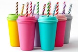 A set of colorful takeaway coffee cups with lids and striped straws, isolated on a diffrent collers or white background, ideal for a quick coffee on the go.
