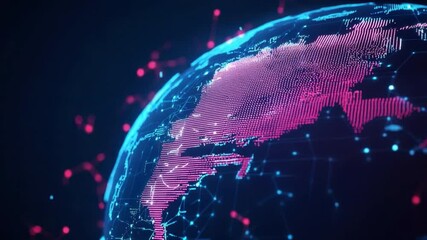 Poster - Futuristic Digital World Map with Glowing Connections and Data Points in Blue and Pink Colors for Technology Innovation Concept