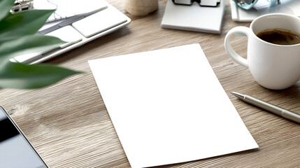 Fototapete - Minimalist workspace with an empty sheet of paper coffee cup and stationery items for creative projects : Generative AI