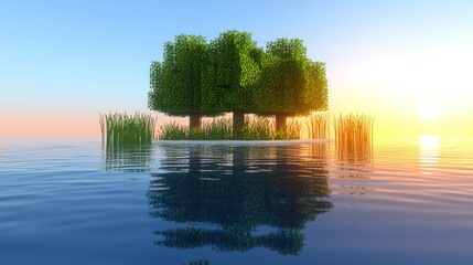 Wall Mural - Island with trees reflected in water at sunrise