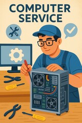 Poster - Computer Service Technician Working on Hardware Repair Illustration