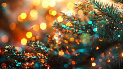 Poster - Vibrant festive lights illuminate green pine branches with warm bokeh