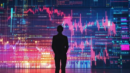 Poster - Silhouette observing vibrant stock market graphs in futuristic neon environment