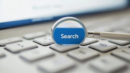 Online search, magnifying glass on keyboard, data in background, website concept
