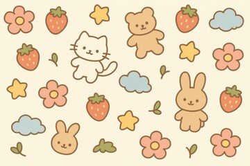Poster - Cute Simple Pattern Illustration with Animals, Fruits, and Flowers
