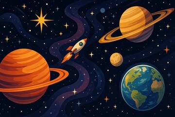 Poster - Colorful Cosmic Art Display with Planets and Rocket in Space