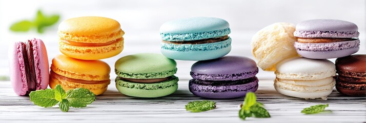 Poster - Colorful Macarons Stacked Elegantly on a White Surface With Fresh Mint Leaves Adding a Touch of Charm