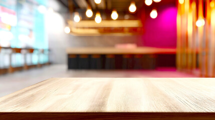Aufkleber - Stylish wooden tabletop in a trendy cafe setting with modern decor and warm lighting : Generative AI