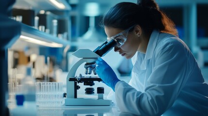 Poster - Scientific research action by female scientist laboratory environment microscope analysis focused viewpoint innovation concept