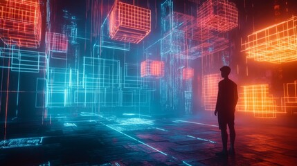 Poster - Futuristic digital environment virtual space 3d render cyber landscape abstract viewpoint technology concept