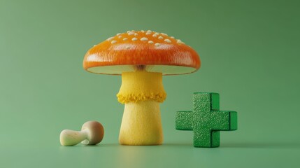 Poster - Colorful Mushroom and Green Plus Sign in Playful 3D Illustration