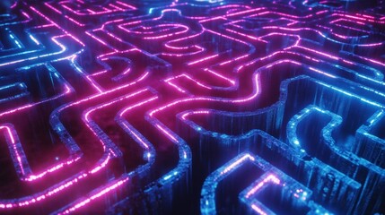 Fototapete - Neon maze animation digital realm graphic art futuristic environment close-up view visual exploration
