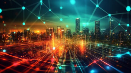 Poster - Dynamic urban lights city skyline visual art nighttime aerial view futuristic concept