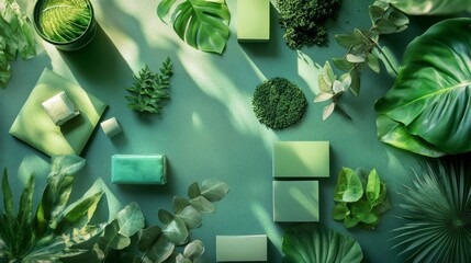 Poster - Lush green plants arrangement natural setting still life photography indoor environment top-down view organic aesthetics