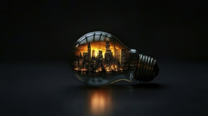 Poster - Vibrant Cityscape Reflected in a Light Bulb with Fiery Sky Background