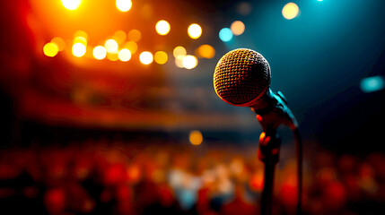 Aufkleber - Closeup view of a microphone on stage highlighting the anticipation before a live performance or speech : Generative AI