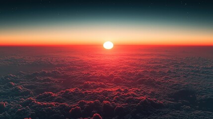 Wall Mural - Sun over cloudscape. Sky fades from blue to red at sunset