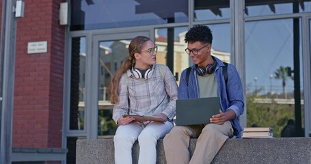Poster - University, students and friends with laptop and discussion on campus for education, knowledge or learning. College, man and woman with notes for scholarship opportunity, lecture or class together
