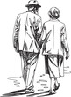 © Miraz - Minimalist black linear sketch of an elderly couple walking hand in hand along a tree lined path captured in a continuous line art drawing style perfect for love and life themes