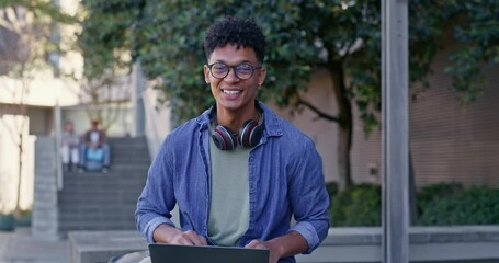 Poster - Face, college student and happy man on laptop for IT course, studying and research on internet. Education, portrait or person with smile, headphones or technology for knowledge, university or website