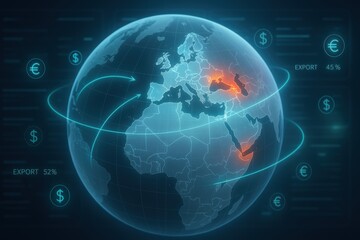 Poster - Global Trade Dynamics: A futuristic depiction of the globe, illuminated with neon lines, encircling arrows and currency symbols. It speaks to the intricate networks that define global commerce.