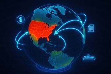 Poster - Global Trade: A dynamic image of the world's interconnectedness is visualized, featuring a stylized globe highlighting the United States.