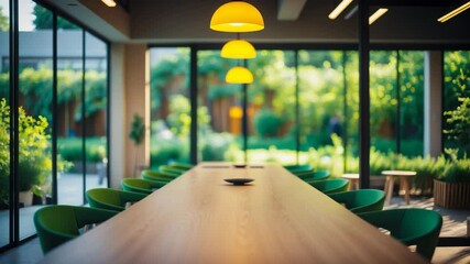 Poster - An energetic shared workspace equipped with ergonomic long tables, nestled among greenery. This modern environment fosters collaboration and productivity.