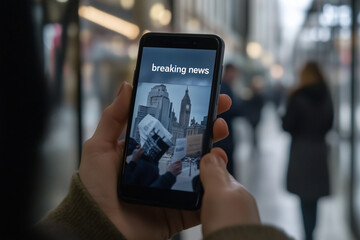 Poster - person is holding a cell phone that is displaying the word Breaking News. A city street with people walking around. Scene is tense and urgent