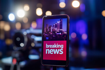 Poster - phone is displaying Breaking News. The image is blurry and has a dark background. The phone is the main focus of the image