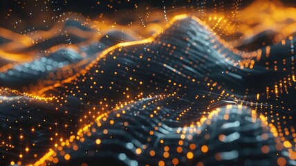 Poster - Abstract wavy grid with vibrant red and blue lighting. Digital art of digital wave made from glowing dots and line connecting together. Technology and innovation. Futuristic and digital art. AIG53.